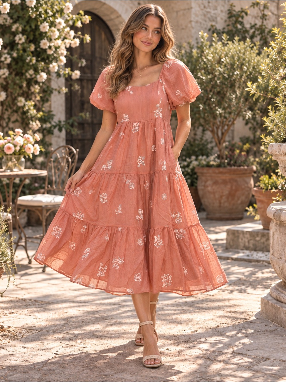 NWT Tea N Rose Rosie Terracotta Embroidered Puff Sleeve Midi Dress S